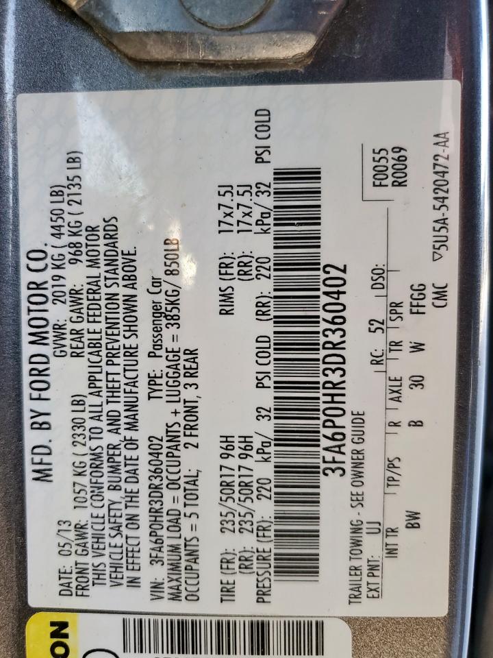 2013 Ford Fusion Se VIN: 3FA6P0HR3DR360402 Lot: 90668645