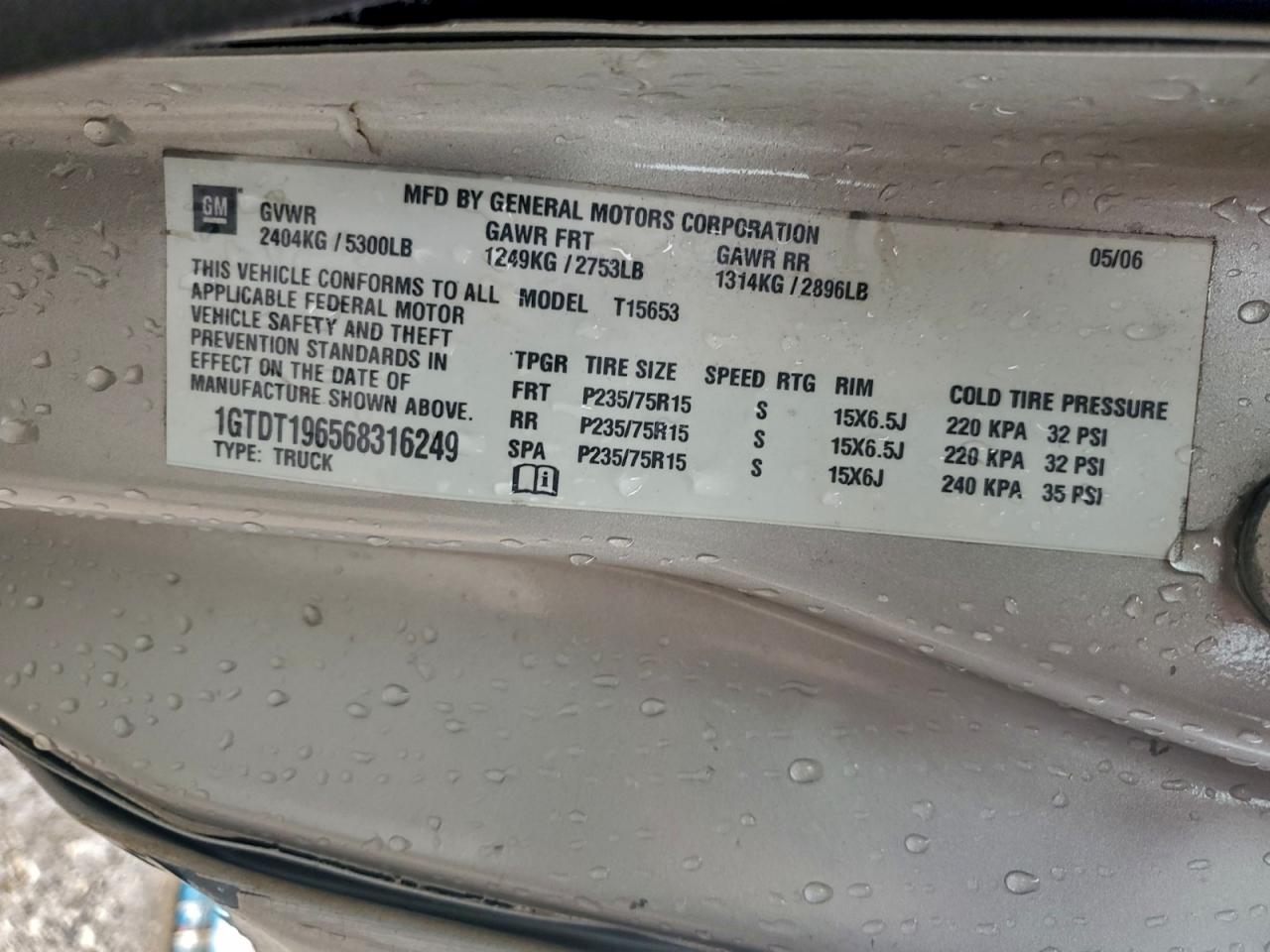 2006 GMC Canyon VIN: 1GTDT196568316249 Lot: 94177135