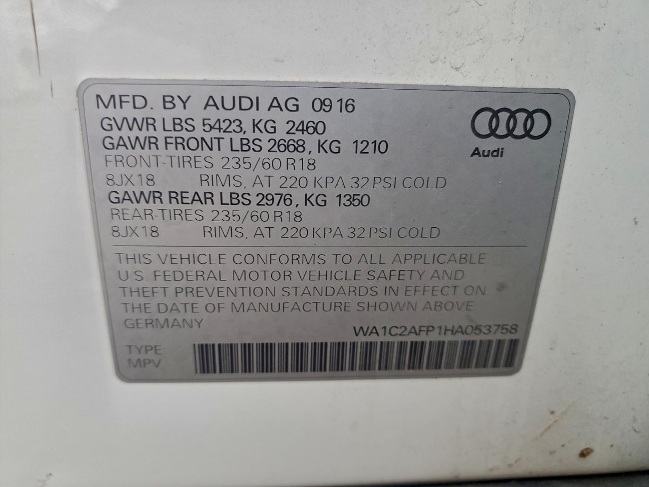 2017 Audi Q5 Premium VIN: WA1C2AFP1HA053758 Lot: 93582315