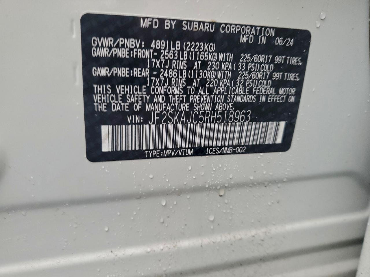 2024 Subaru Forester Wilderness VIN: JF2SKAJC5RH518963 Lot: 94424705