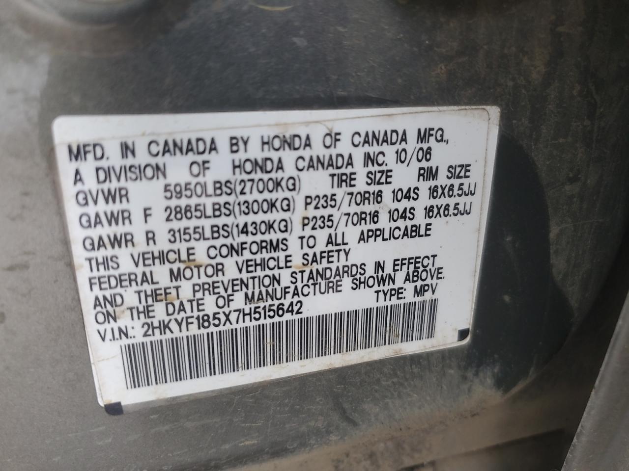 2007 Honda Pilot Exl VIN: 2HKYF185X7H515642 Lot: 93662145