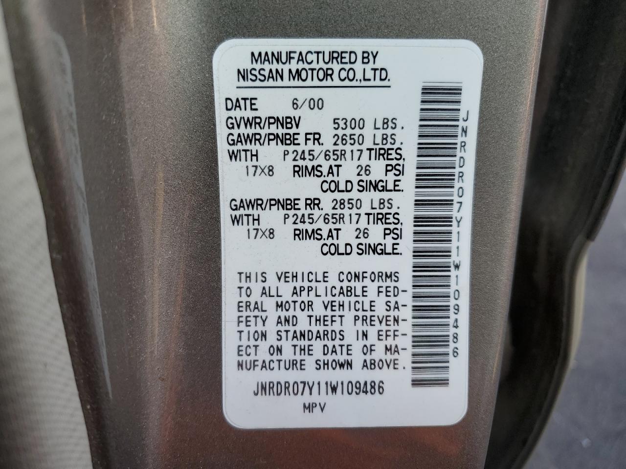 2001 Infiniti Qx4 VIN: JNRDR07Y11W109486 Lot: 91463695