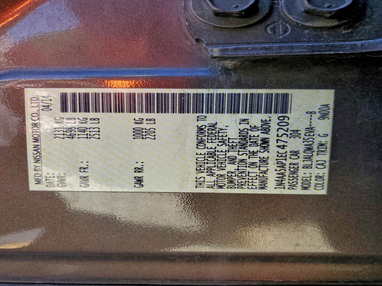 2014 Nissan Maxima S VIN: 1N4AA5AP1EC475209 Lot: 94352805