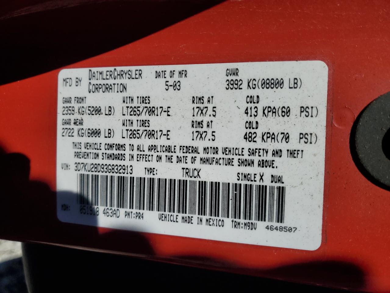 2003 Dodge Ram 2500 St VIN: 3D7KU28D93G832913 Lot: 92575645