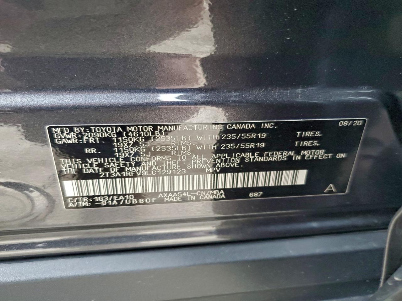 2020 Toyota Rav4 Xle Premium VIN: 2T3A1RFV9LC129123 Lot: 94220135