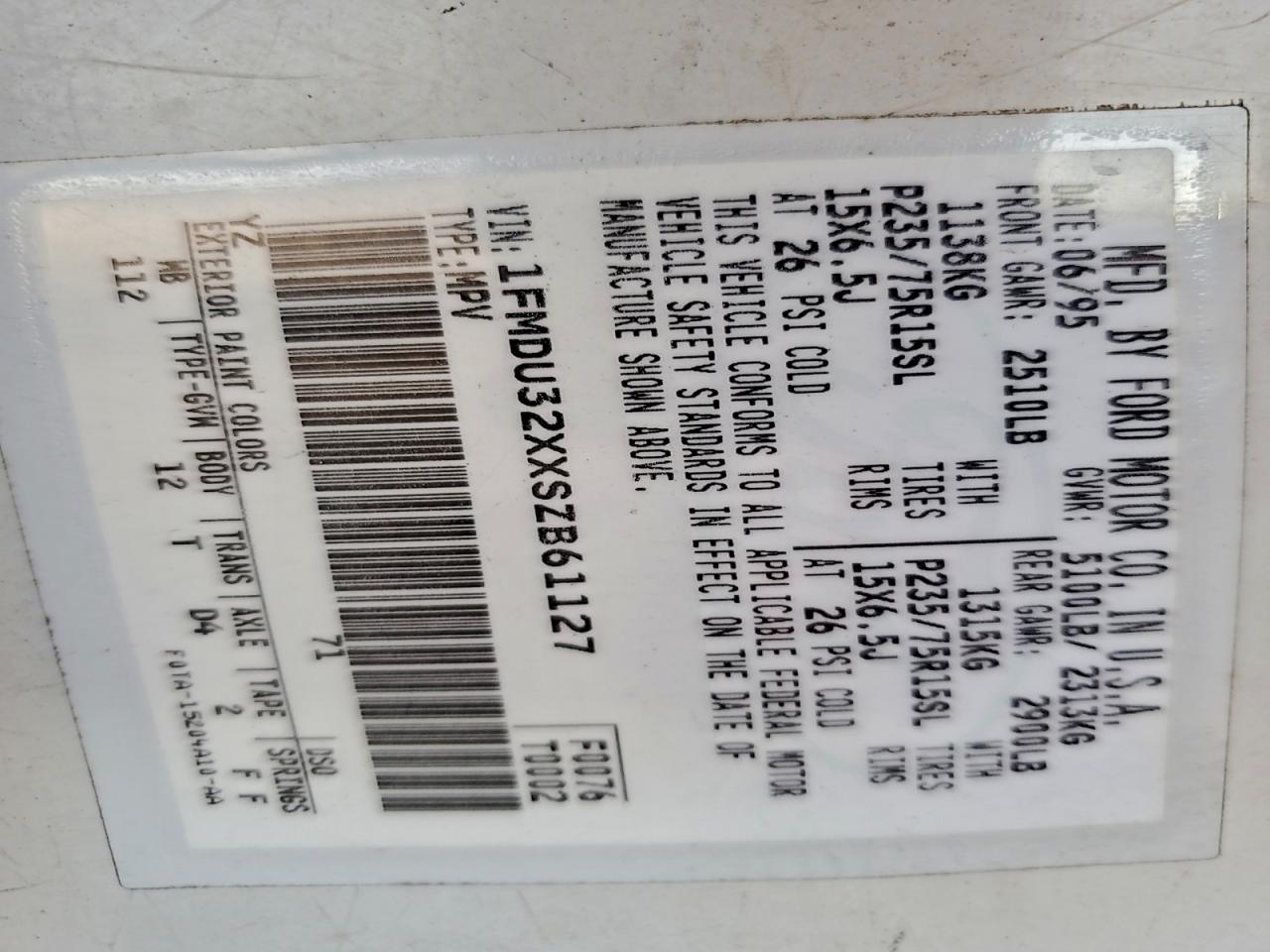 1995 Ford Explorer VIN: 1FMDU32XXSZB61127 Lot: 93644145