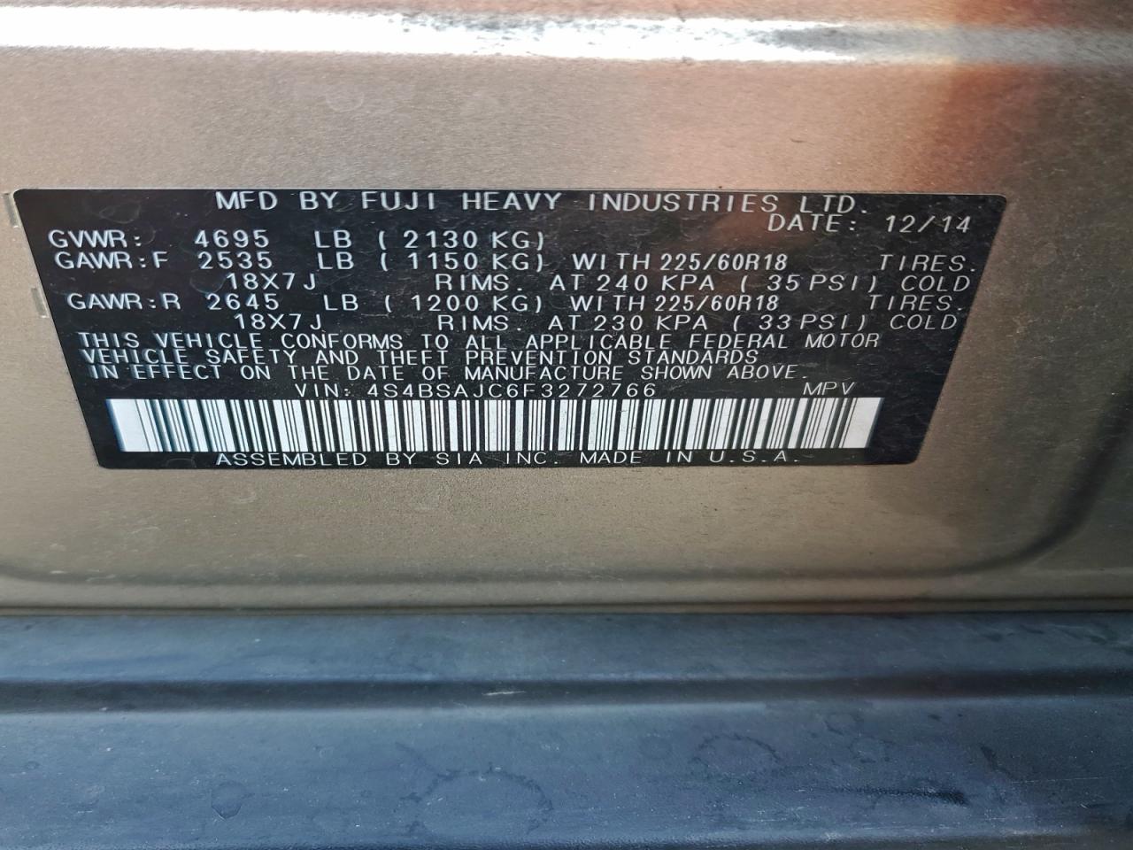 2015 Subaru Outback 2.5I Limited VIN: 4S4BSAJC6F3272766 Lot: 93475055