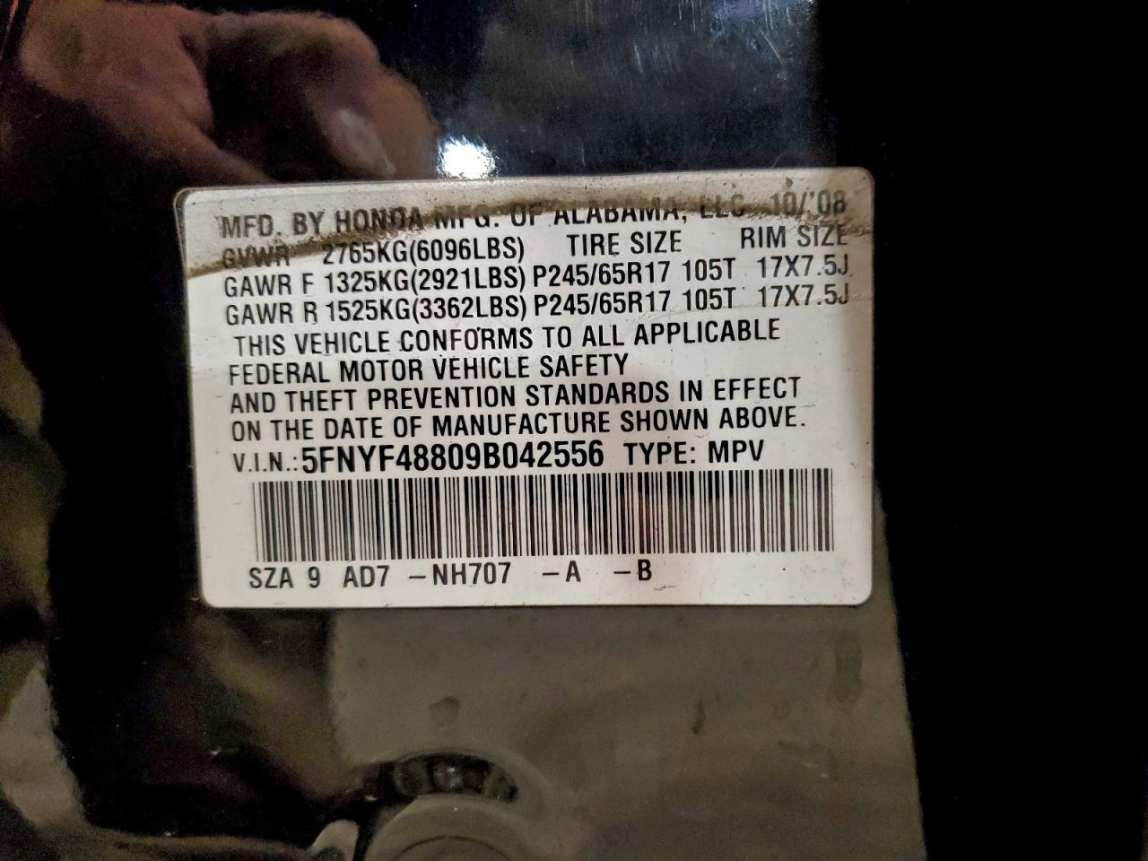 2009 Honda Pilot Touring VIN: 5FNYF48809B042556 Lot: 93755935