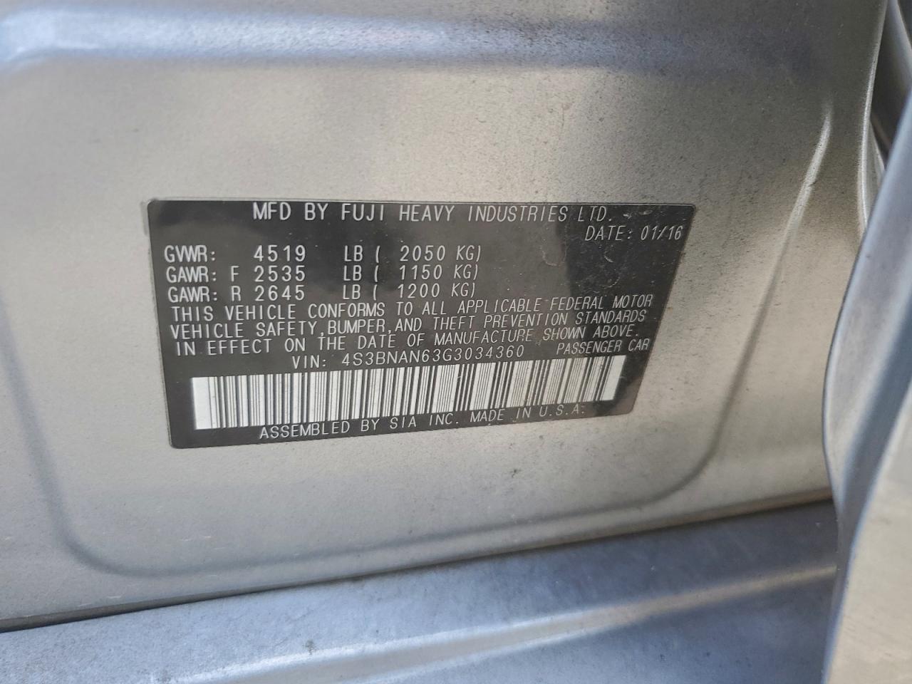 2016 Subaru Legacy 2.5I Limited VIN: 4S3BNAN63G3034360 Lot: 94117505