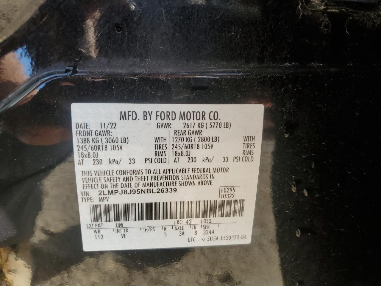 2022 Lincoln Nautilus VIN: 2LMPJ8J95NBL26339 Lot: 91638815