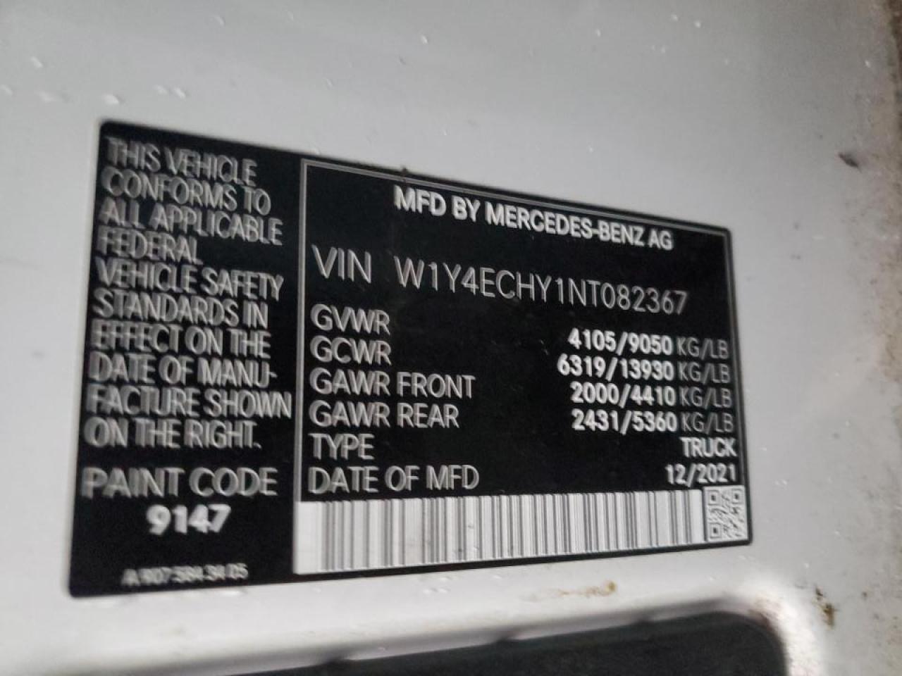 2022 Mercedes Benz Sprinter 2500 Delivery Van VIN: W1Y4ECHY1NT082367 Lot: 92318735