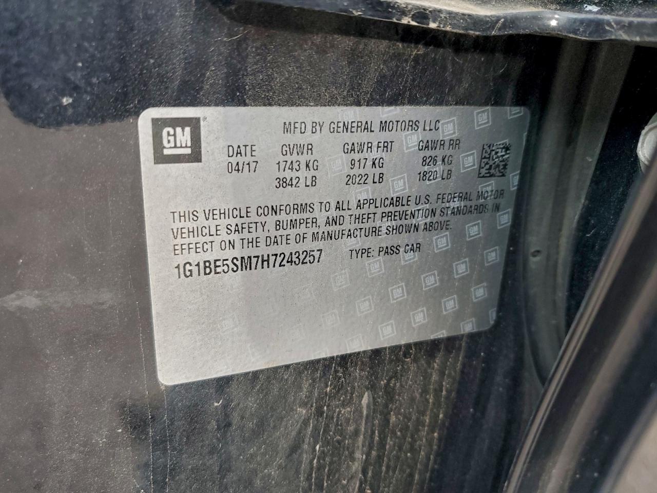 2017 Chevrolet Cruze Lt VIN: 1G1BE5SM7H7243257 Lot: 94157025