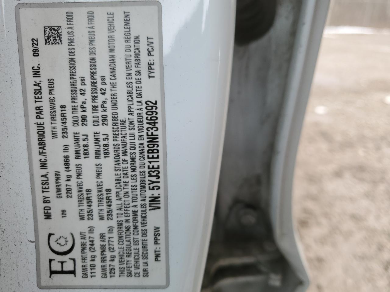 2022 Tesla Model 3 VIN: 5YJ3E1EB9NF346992 Lot: 92881495