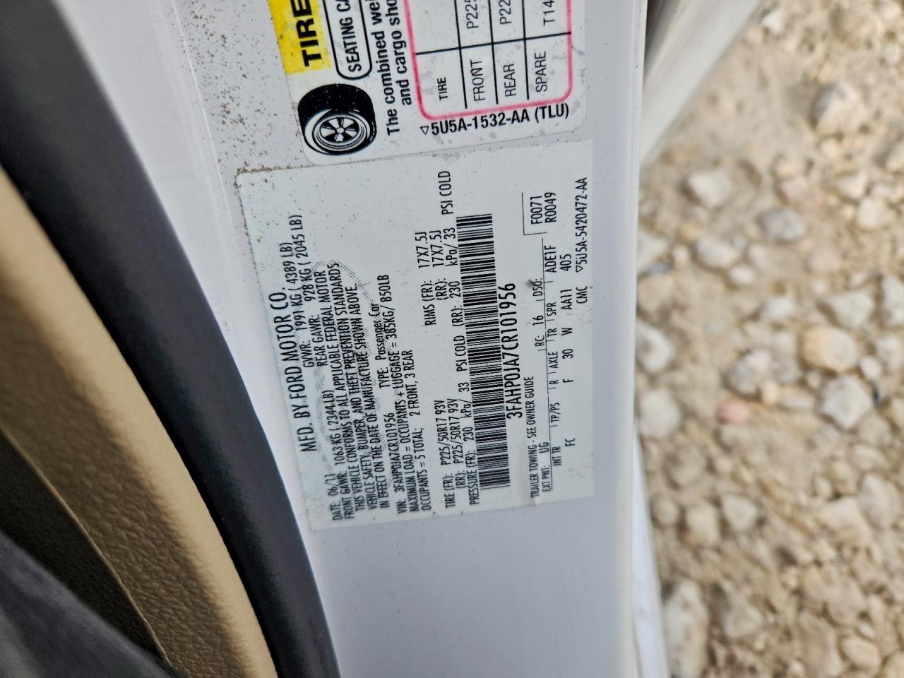 2012 Ford Fusion Sel VIN: 3FAHP0JA7CR101956 Lot: 93693285