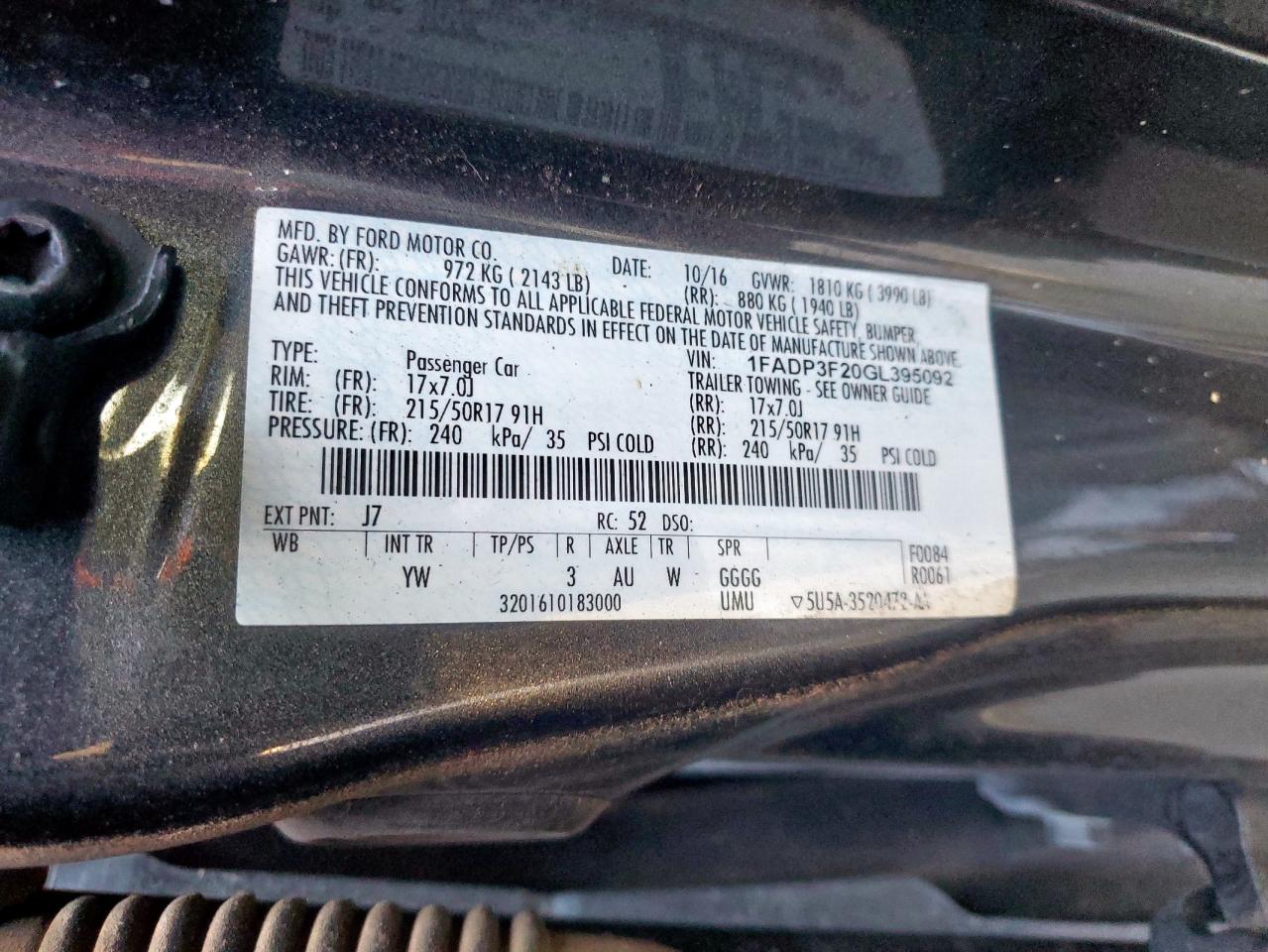 2016 Ford Focus Se VIN: 1FADP3F20GL395092 Lot: 92594115