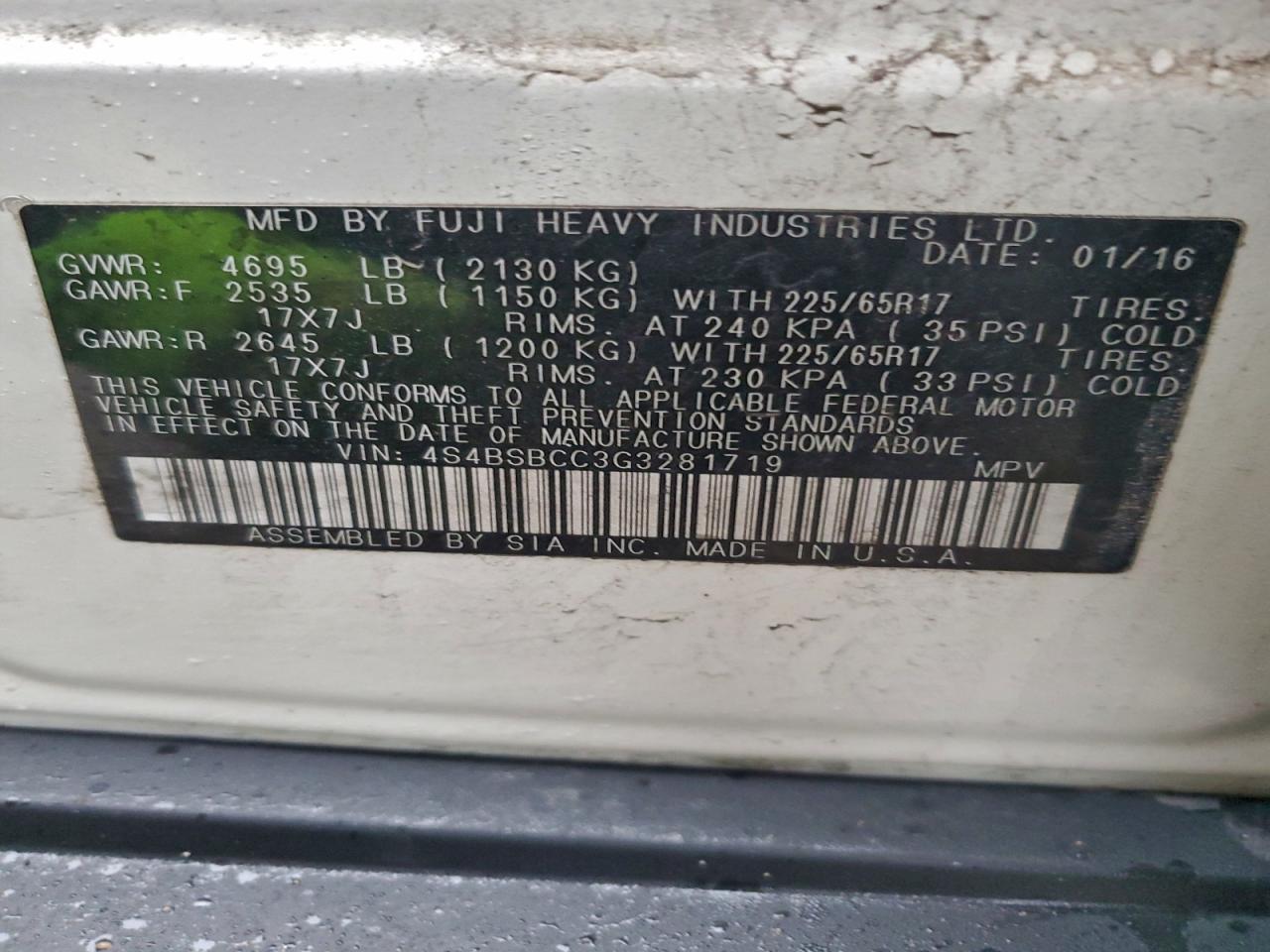 2016 Subaru Outback 2.5I Premium VIN: 4S4BSBCC3G3281719 Lot: 93829785