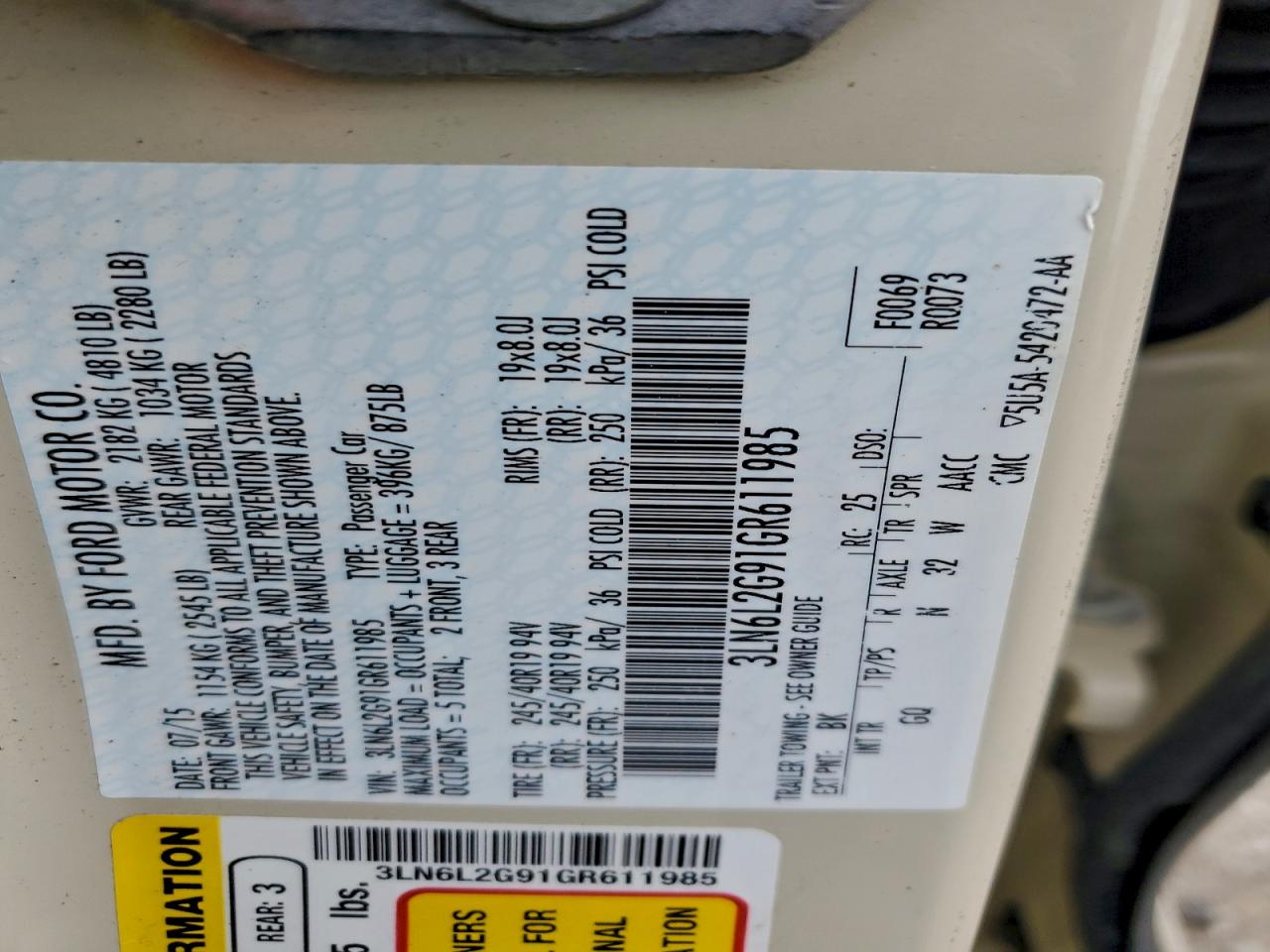 2016 Lincoln Mkz VIN: 3LN6L2G91GR611985 Lot: 94252315