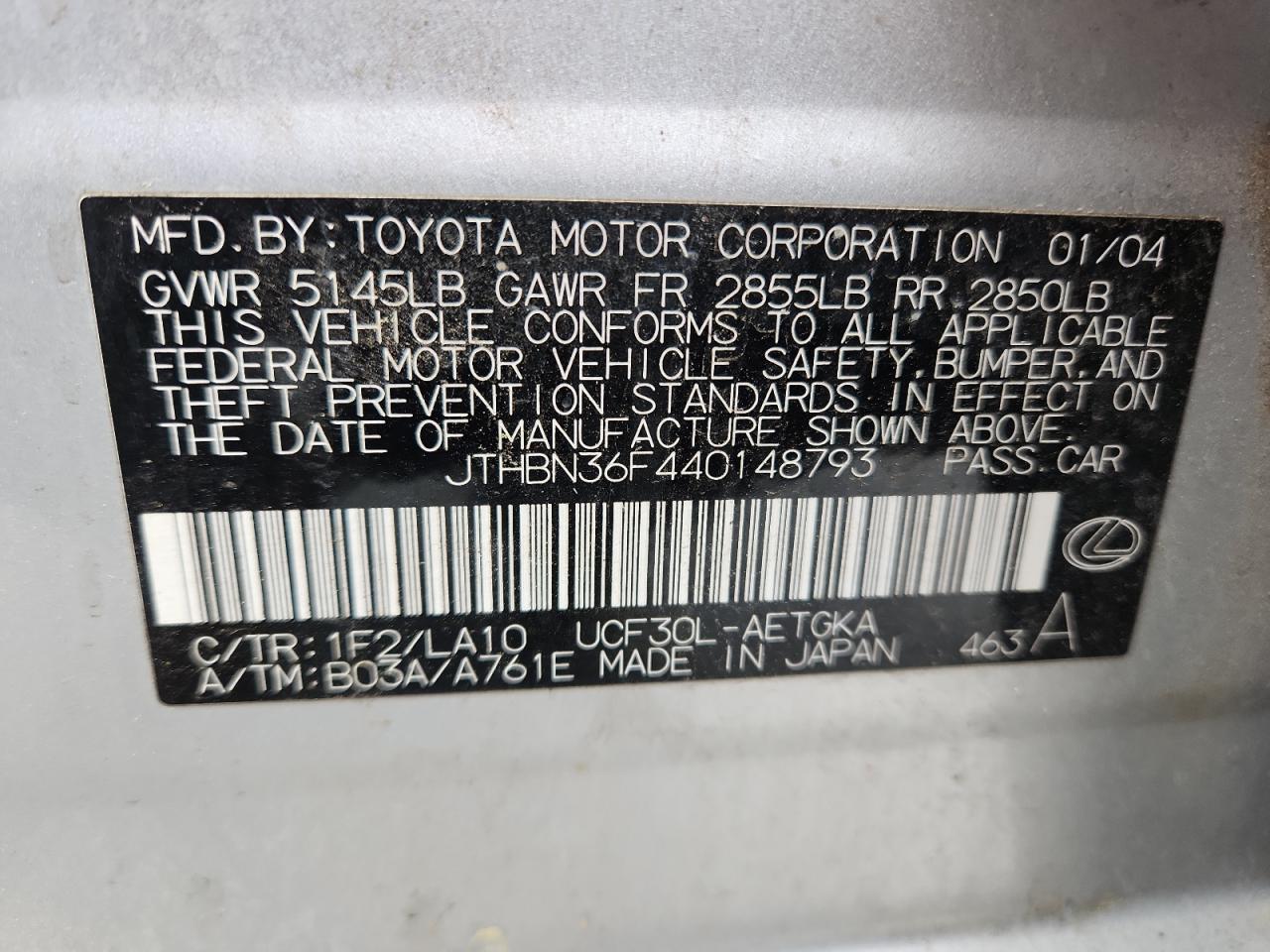 2004 Lexus Ls 430 VIN: JTHBN36F440148793 Lot: 92453535