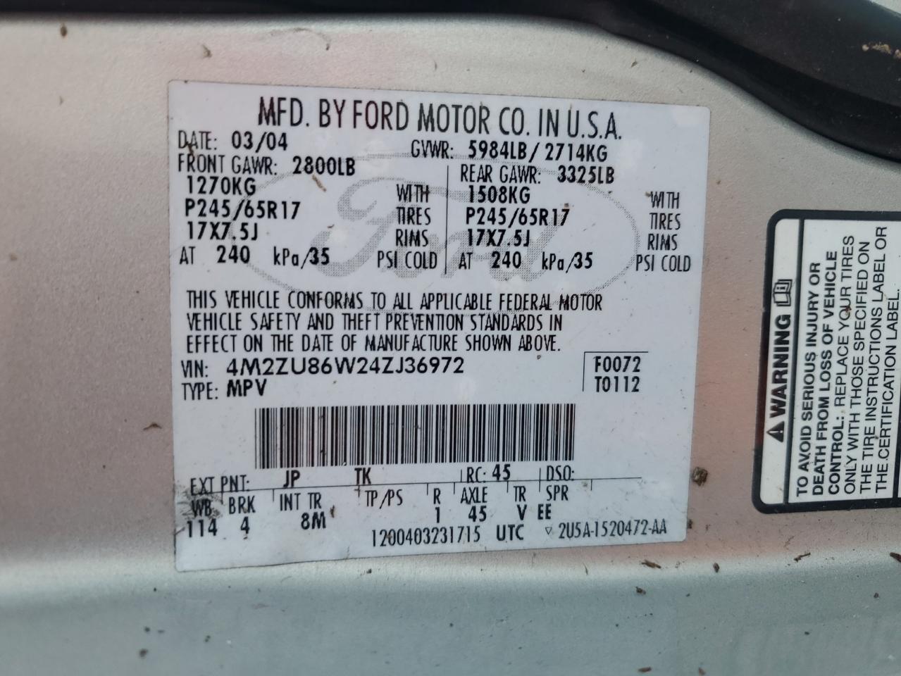 2004 Mercury Mountaineer VIN: 4M2ZU86W24ZJ36972 Lot: 90967825