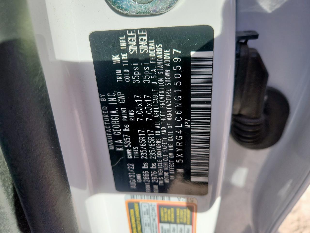 2022 Kia Sorento Lx VIN: 5XYRG4LC6NG150597 Lot: 92316425