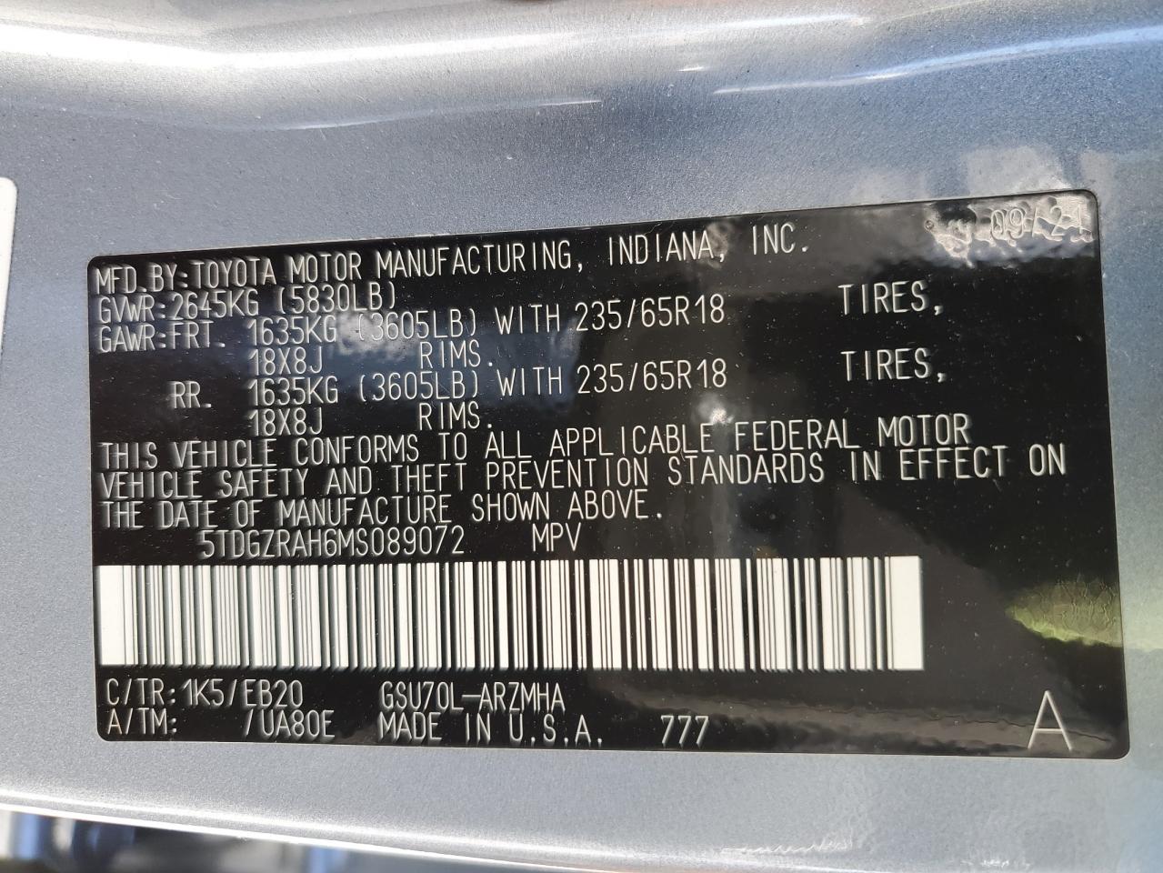 2021 Toyota Highlander Xle VIN: 5TDGZRAH6MS089072 Lot: 92171085