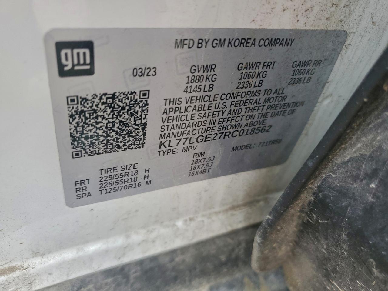 2024 Chevrolet Trax 1Rs VIN: KL77LGE27RC018562 Lot: 93587215