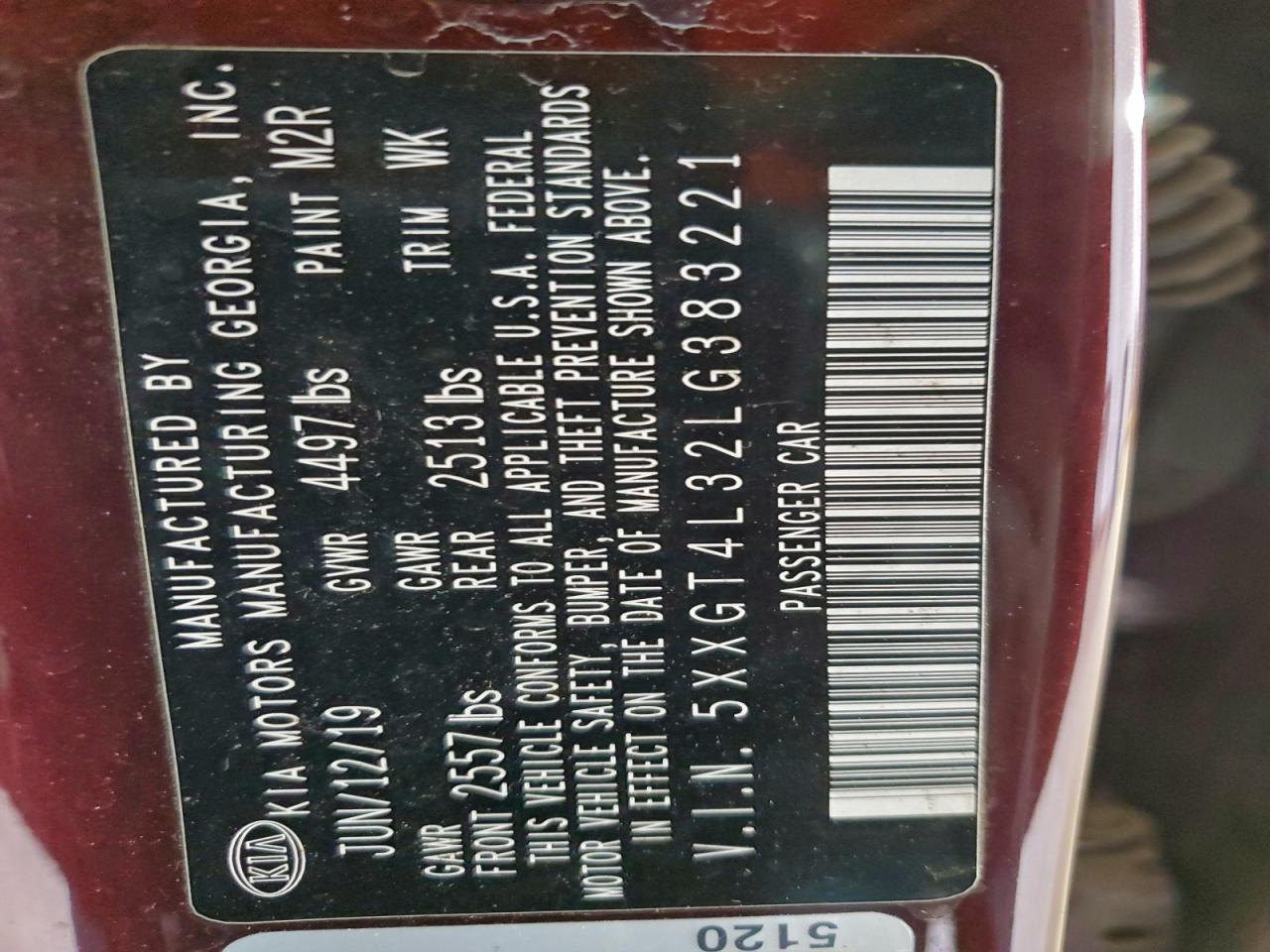 2020 Kia Optima Lx VIN: 5XXGT4L32LG383221 Lot: 93810025