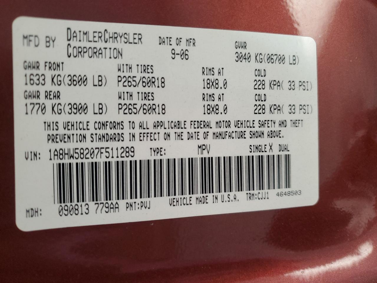 2007 Chrysler Aspen Limited VIN: 1A8HW58207F511289 Lot: 90891215