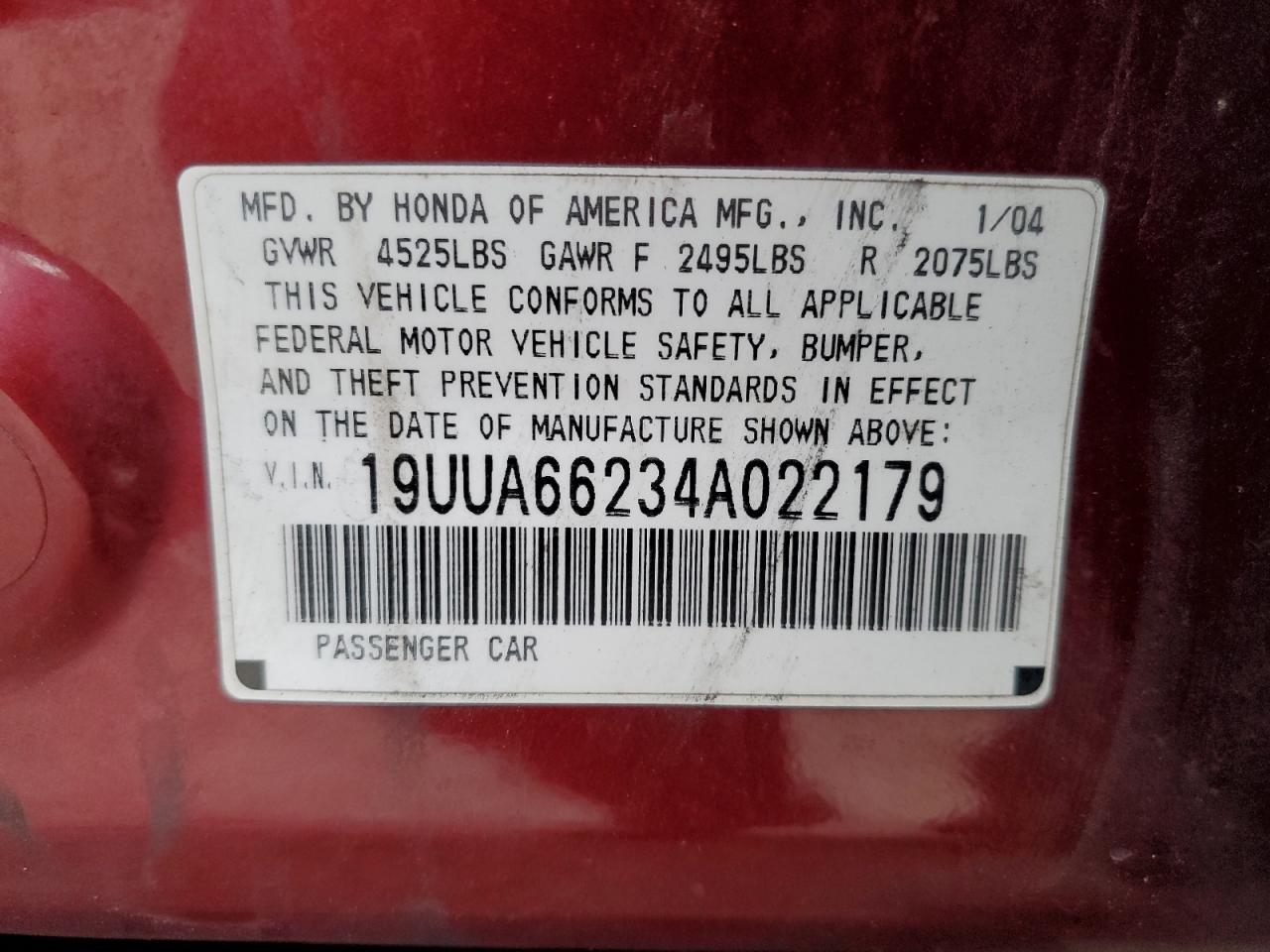 2004 Acura Tl VIN: 19UUA66234A022179 Lot: 92470295