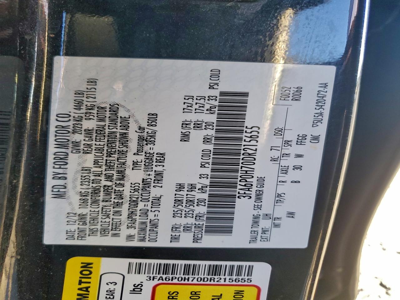 2013 Ford Fusion Se VIN: 3FA6P0H70DR215655 Lot: 94873905