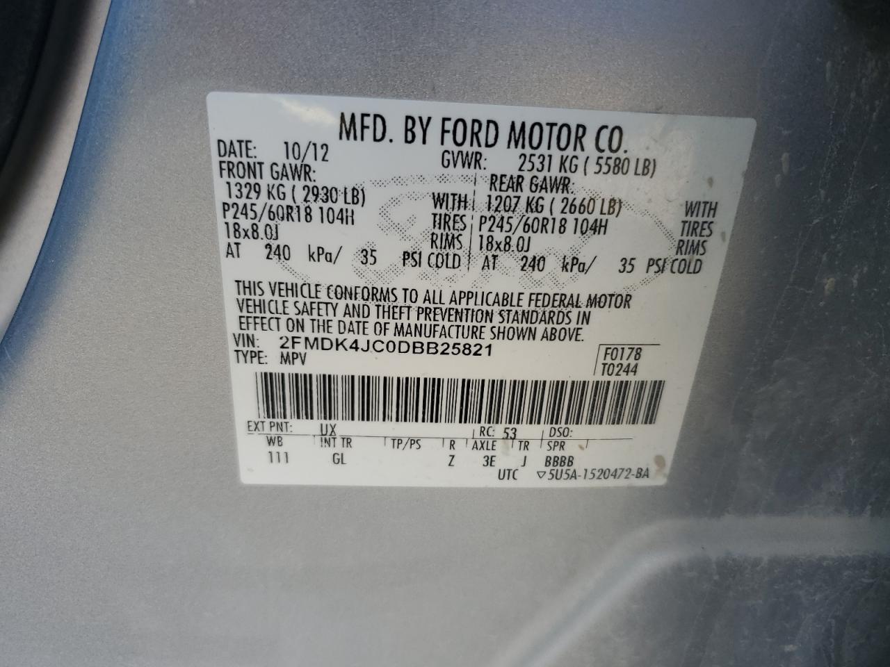 2013 Ford Edge Sel VIN: 2FMDK4JC0DBB25821 Lot: 92908995