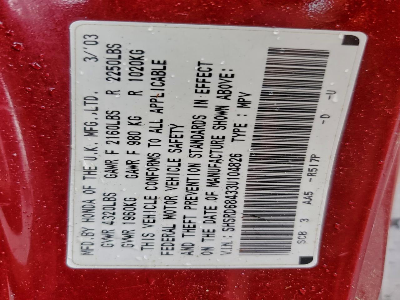 2003 Honda Cr-V Lx VIN: SHSRD68433U104826 Lot: 94512415