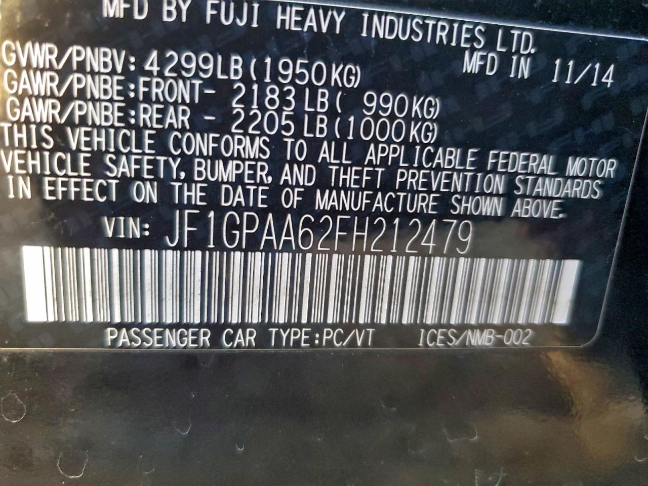 2015 Subaru Impreza VIN: JF1GPAA62FH212479 Lot: 95109935