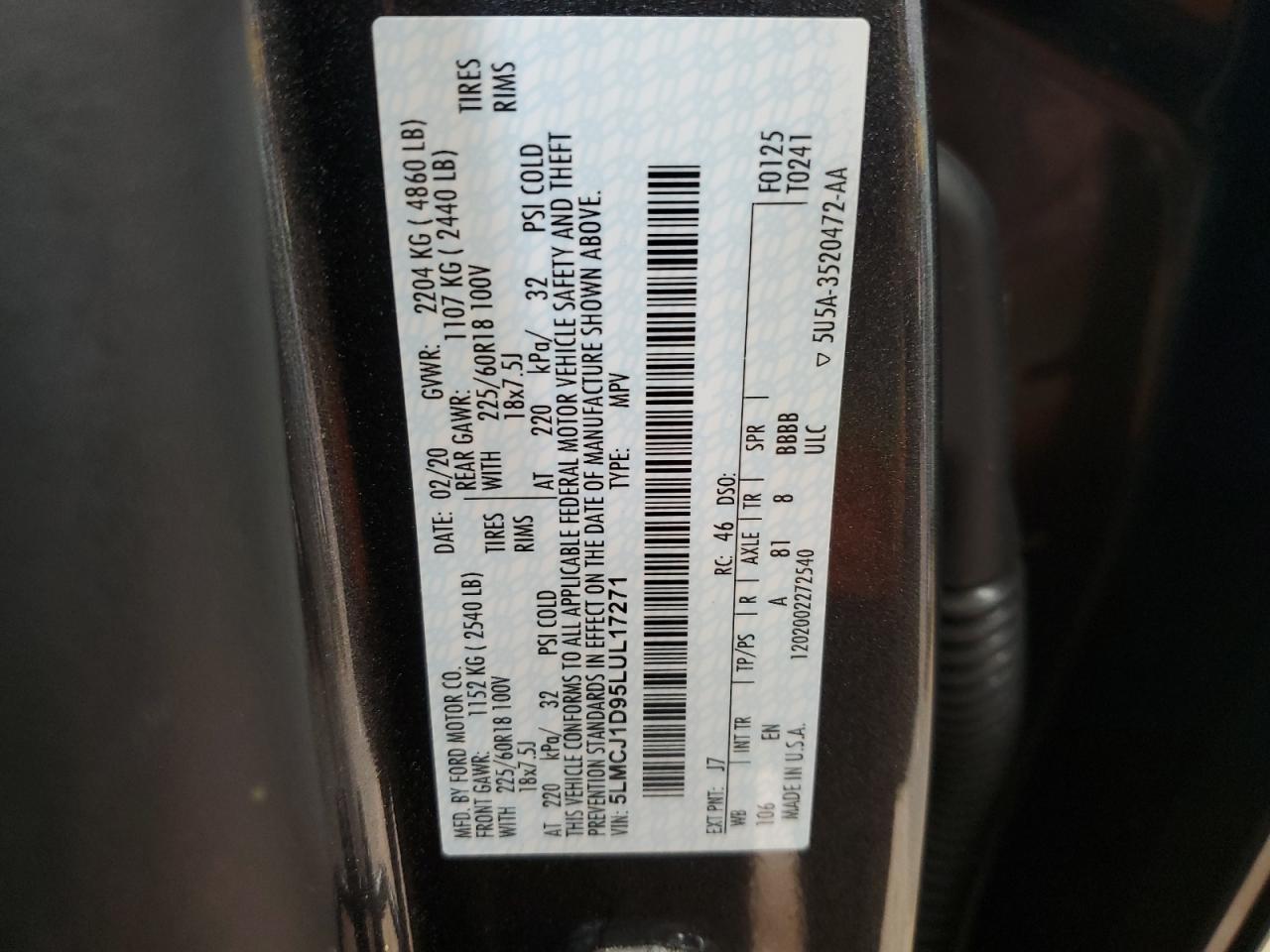 2020 Lincoln Corsair VIN: 5LMCJ1D95LUL17271 Lot: 93523095