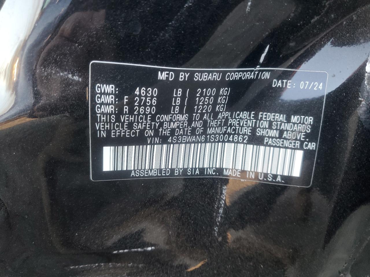 2025 Subaru Legacy Limited VIN: 4S3BWAN61S3004862 Lot: 92100165