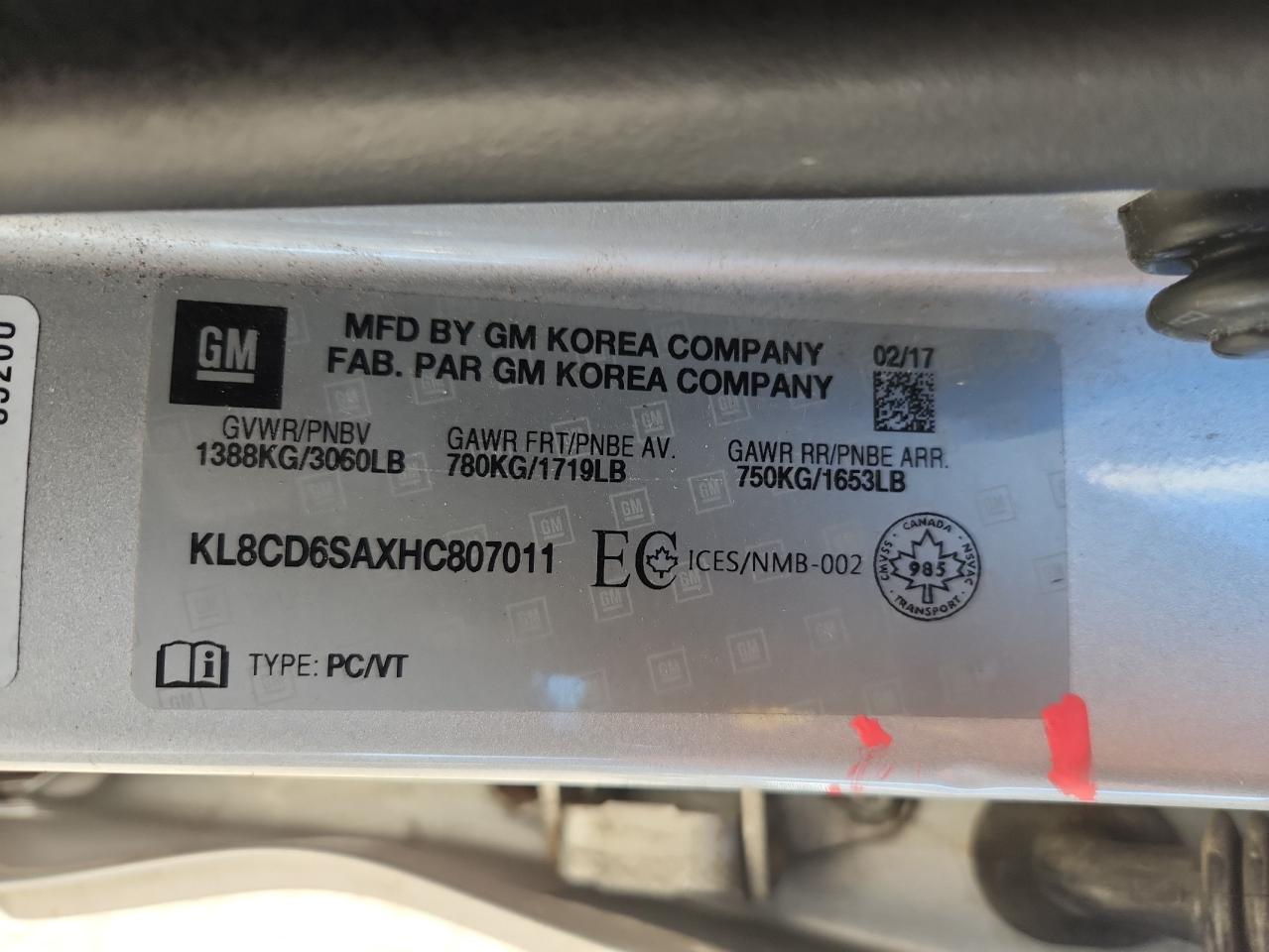 2017 Chevrolet Spark 1Lt VIN: KL8CD6SAXHC807011 Lot: 92892935