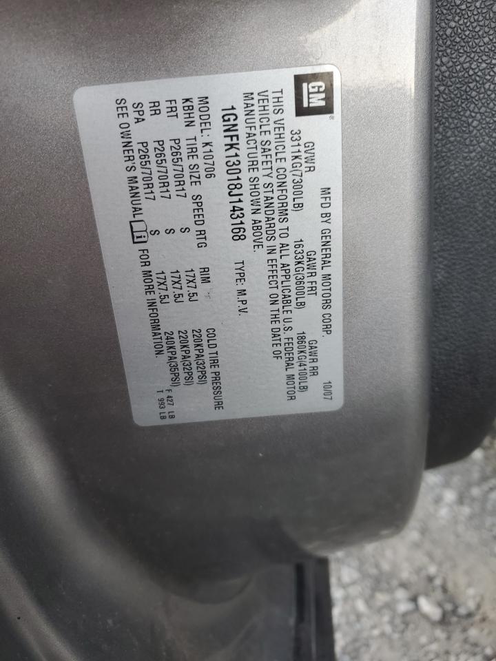 2008 Chevrolet Tahoe K1500 VIN: 1GNFK13018J143168 Lot: 92008695