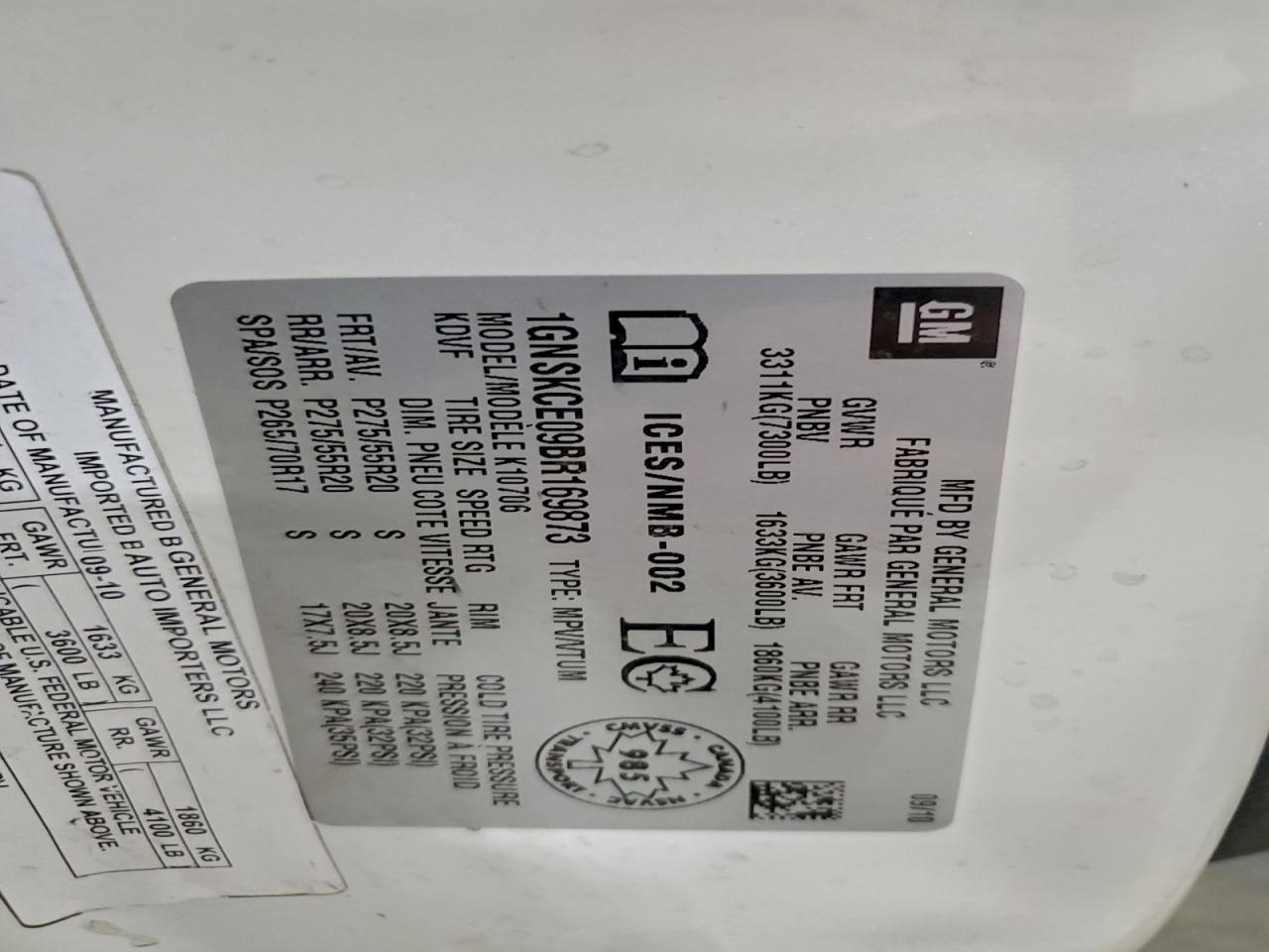 2011 Chevrolet Tahoe K1500 Ltz VIN: 1GNSKCE09BR169873 Lot: 94171135