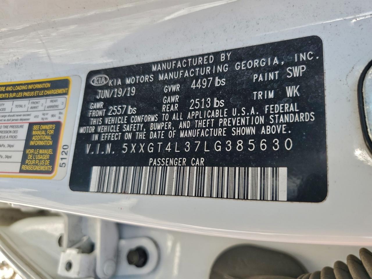 2020 Kia Optima Lx VIN: 5XXGT4L37LG385630 Lot: 94564095