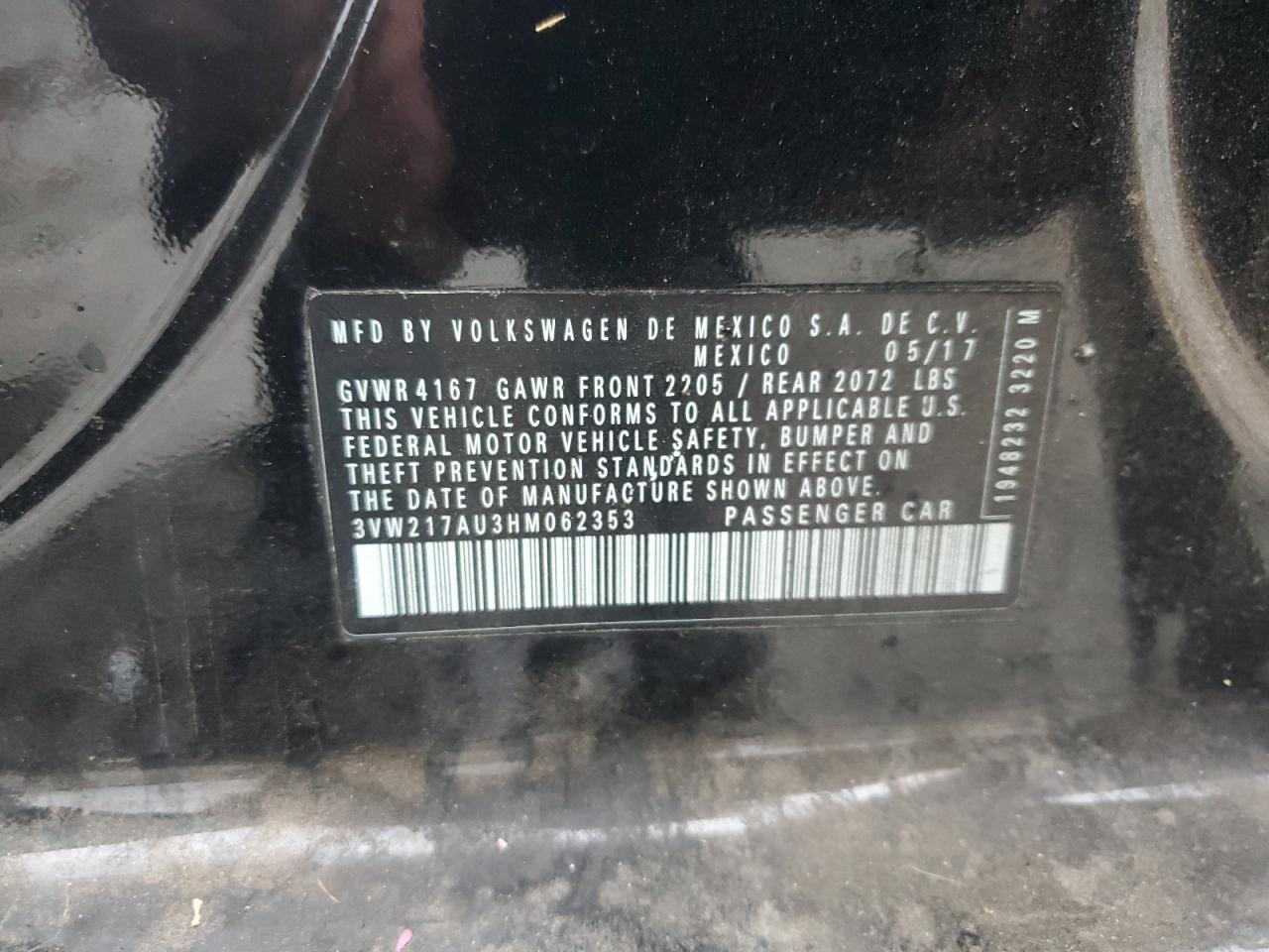 2017 Volkswagen Golf S VIN: 3VW217AU3HM062353 Lot: 92026205