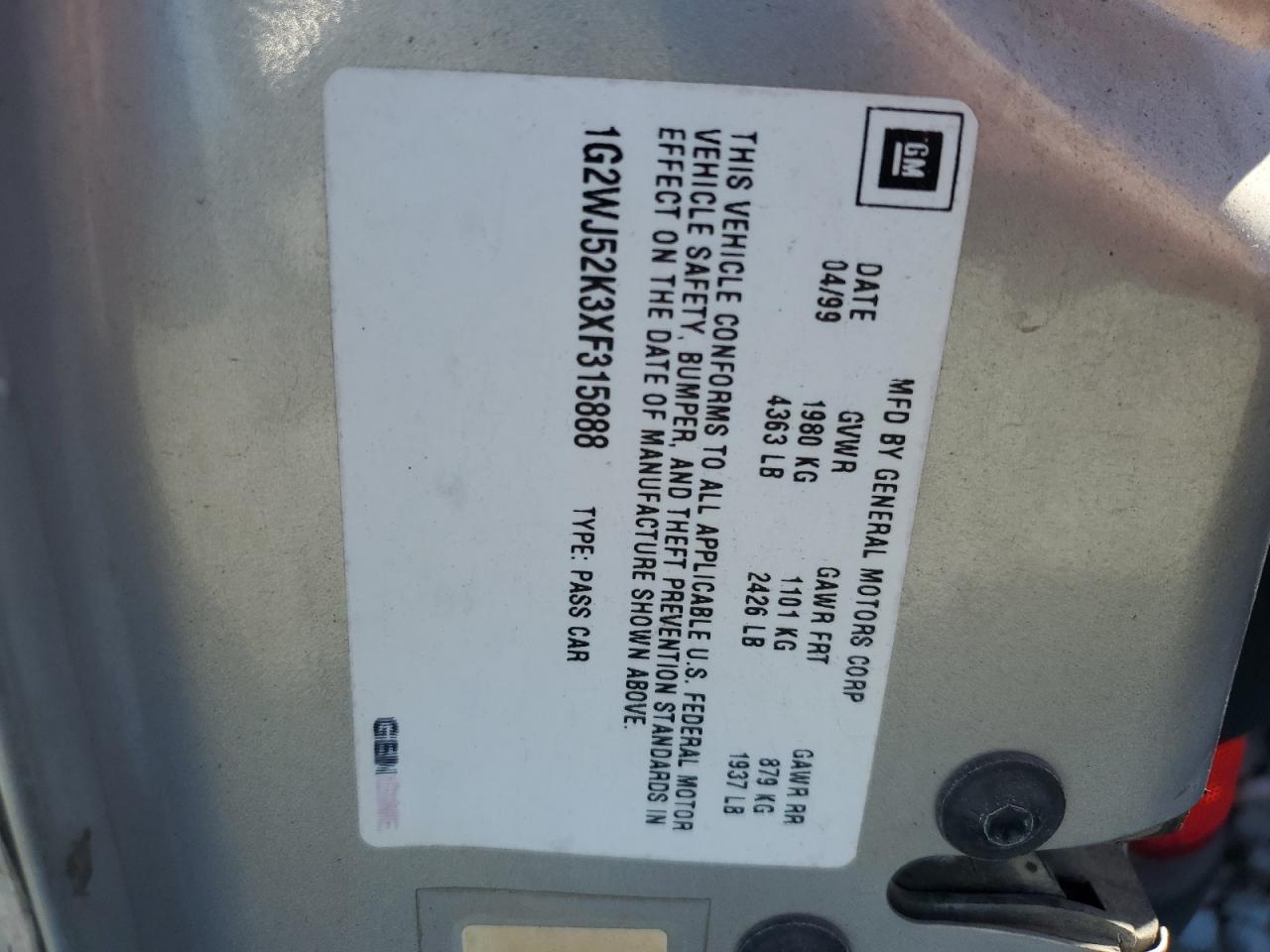 1999 Pontiac Grand Prix Se VIN: 1G2WJ52K3XF315888 Lot: 93234255