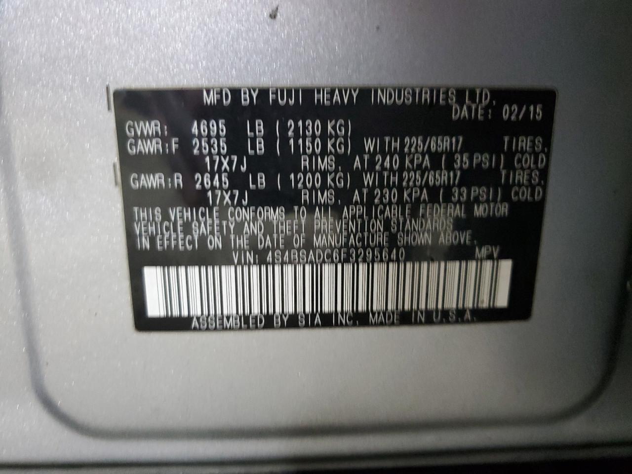 2015 Subaru Outback 2.5I Premium VIN: 4S4BSADC6F3295640 Lot: 92179995