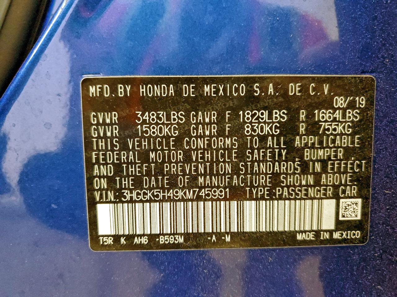 2019 Honda Fit Lx VIN: 3HGGK5H49KM745991 Lot: 93862215