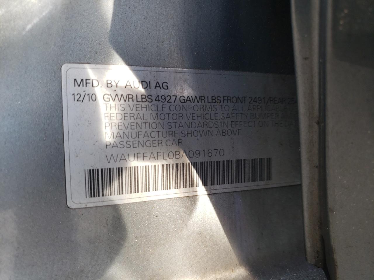 2011 Audi A4 Premium Plus VIN: WAUFFAFL0BA091670 Lot: 90518755