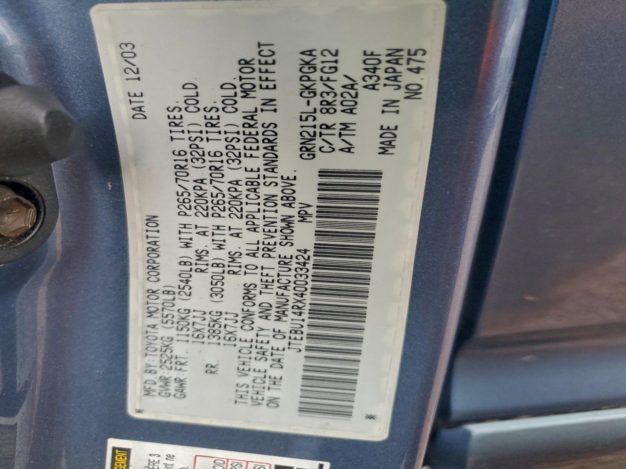 2004 Toyota 4Runner Sr5 VIN: JTEBU14RX40033424 Lot: 94441065