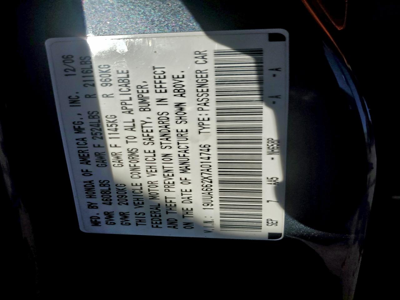 2007 Acura Tl VIN: 19UUA662X7A014746 Lot: 93775185