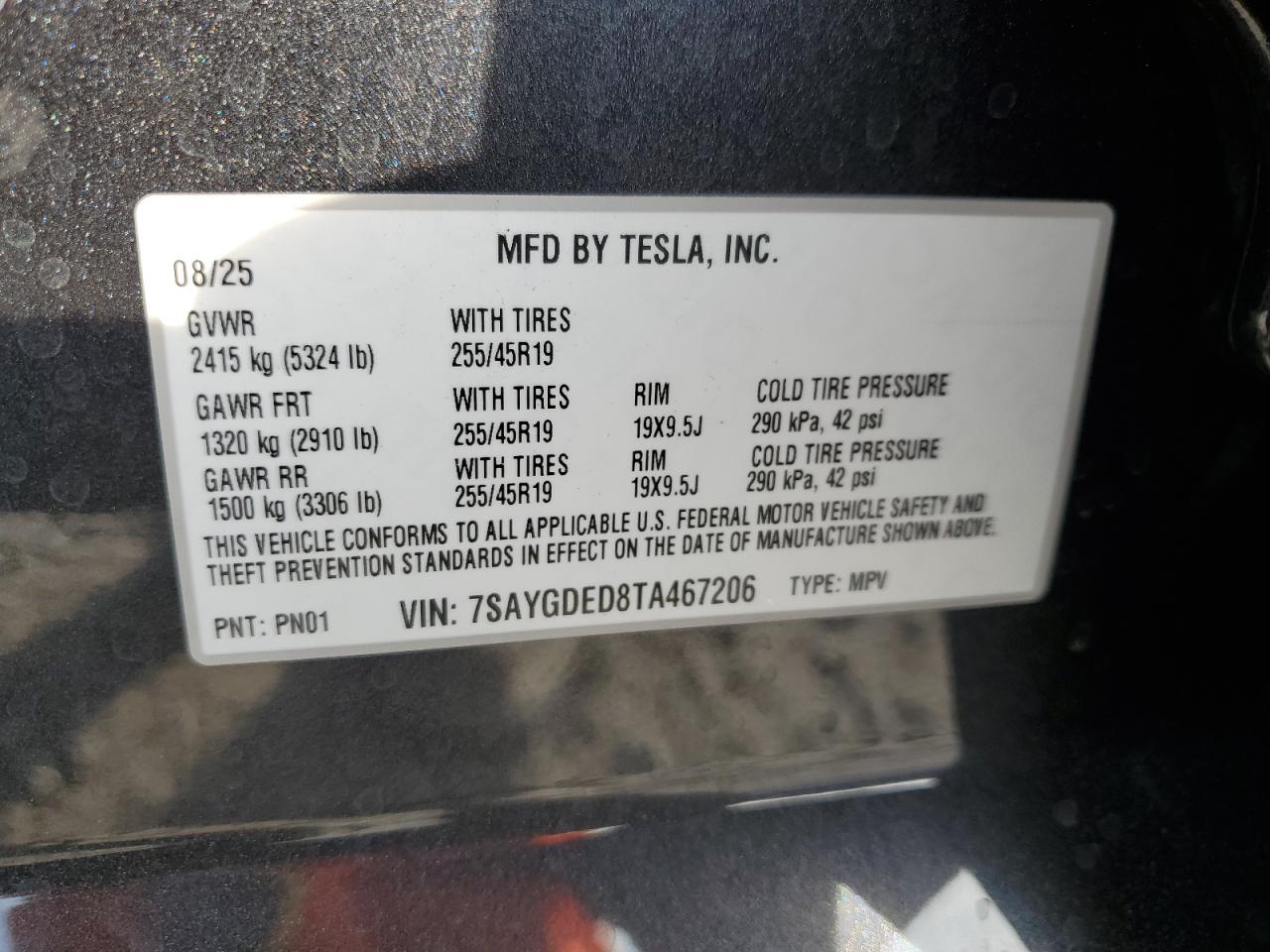 2026 Tesla Model Y VIN: 7SAYGDED8TA467206 Lot: 93650155