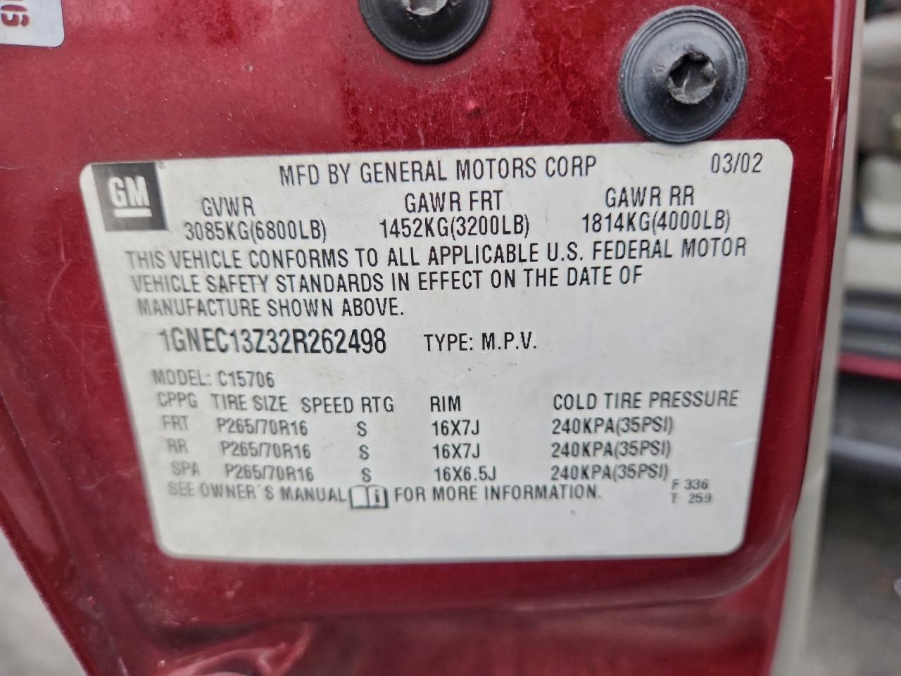 2002 Chevrolet Tahoe C1500 VIN: 1GNEC13Z32R262498 Lot: 94487935