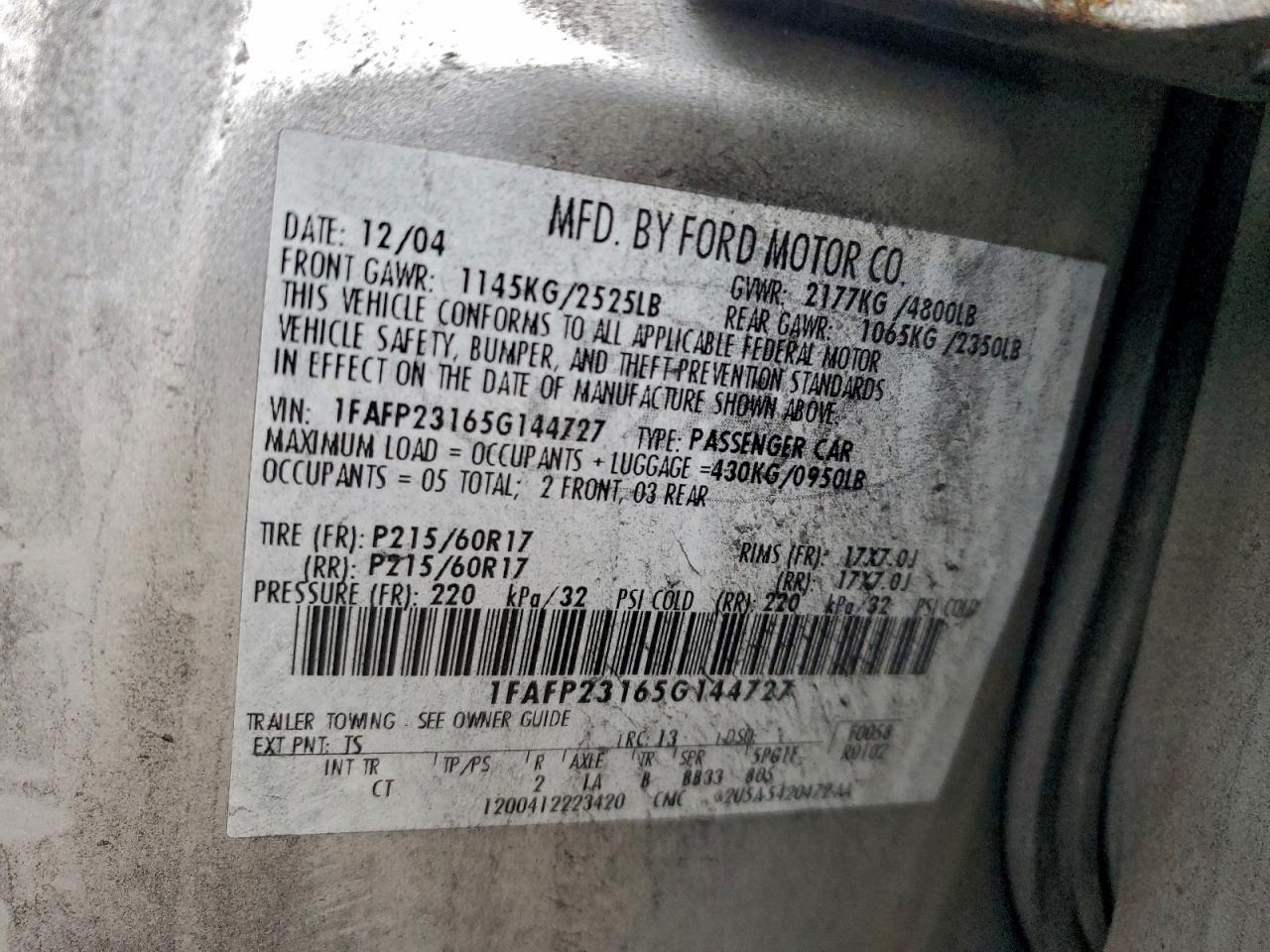 2005 Ford Five Hundred Se VIN: 1FAFP23165G144727 Lot: 93308475