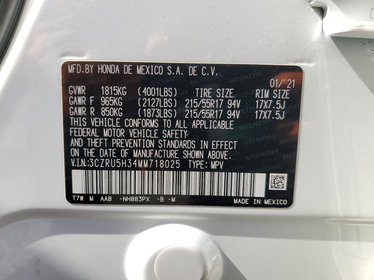 2021 Honda Hr-V Lx VIN: 3CZRU5H34MM718025 Lot: 91851655